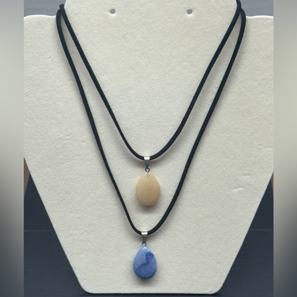 Handmade Jewelry - Set of 2 Natural Stone Drop Pendant Suede & Faux
Leather String Cord Necklaces